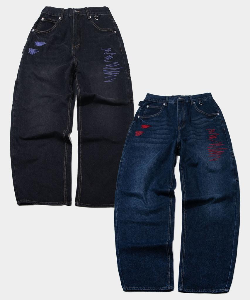 SOME PLACE Color Embroidery Stitch Point Balloon Straight Fit D-Ring Washed Denim Pants _ 2 Colors