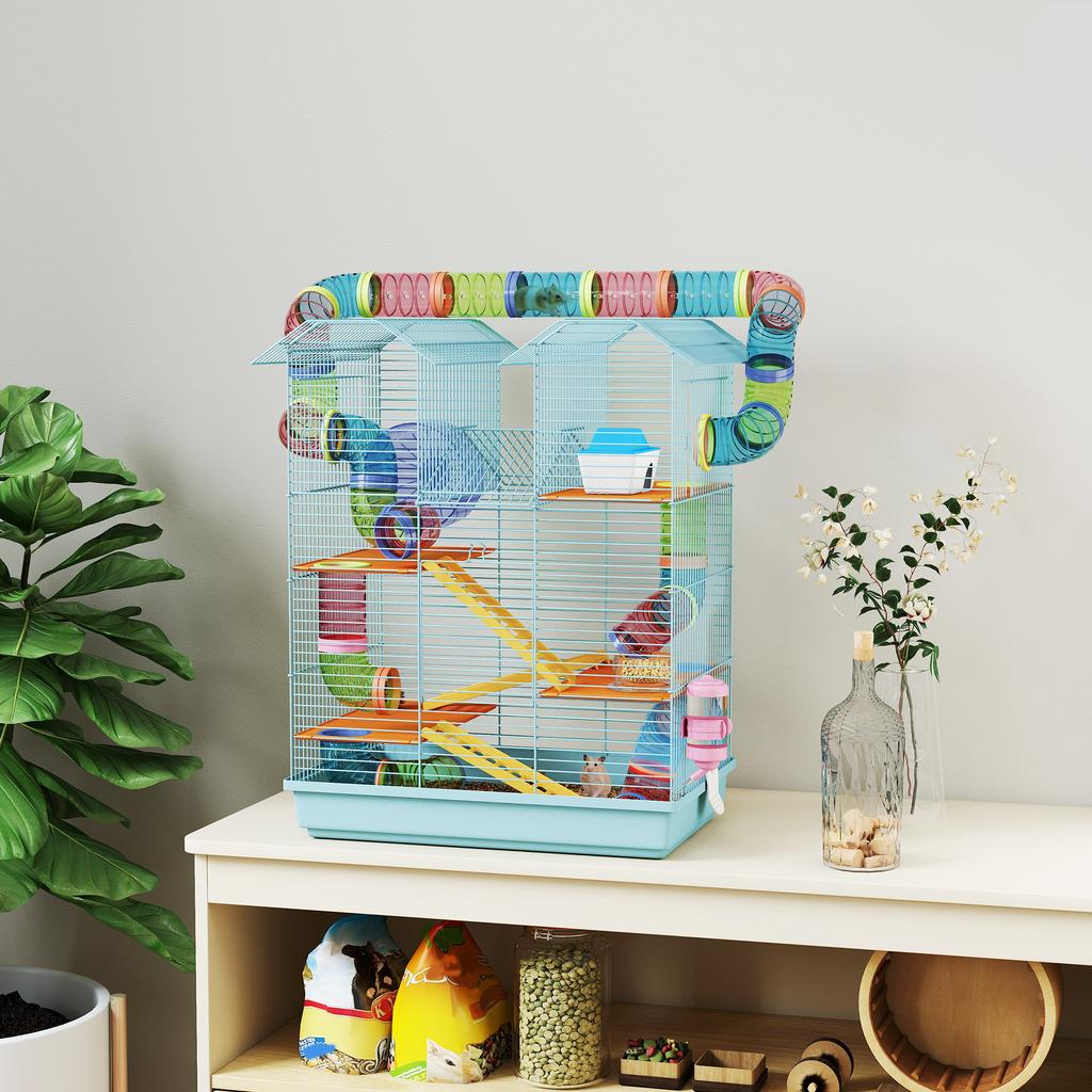 5-Tier Hamster Cage with Colorful Tubes, Wheel, House and Accessories, 47x30x59 cm, Blue