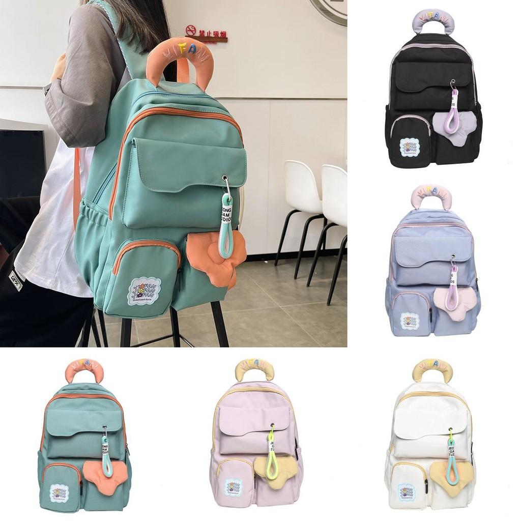 Handle Colorful Embroidered Design Color Blocked Student Backpack For Use Daily