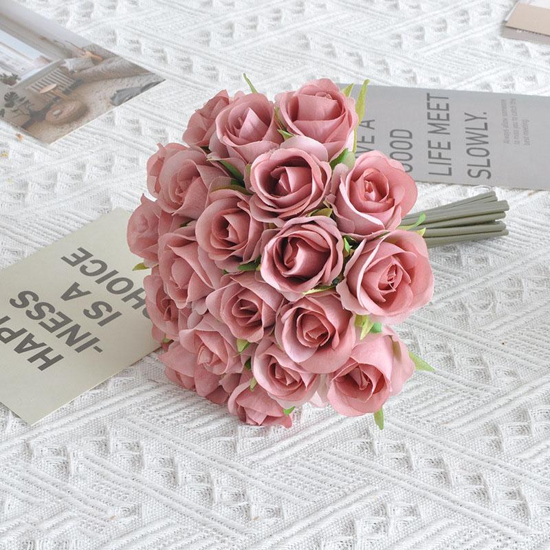 

22 см букеты роз искусственные розы диалект шелковый цветок свадебный букет украшение дома 22 головки роз 1 set темно-розовый