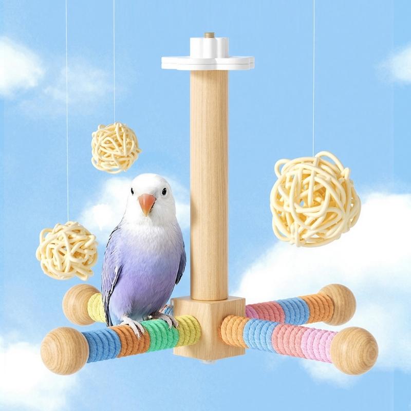 Colorful Rotating Windmills Toy Wood Interactively Bird Stand Parrots Ferris Wheel Toy with Perches Exercise Gym Stand