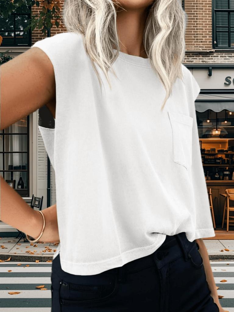 Women's Cap Sleeve Crop Tank Top Crew Neck Loose Fit Basic Vest with Pockets