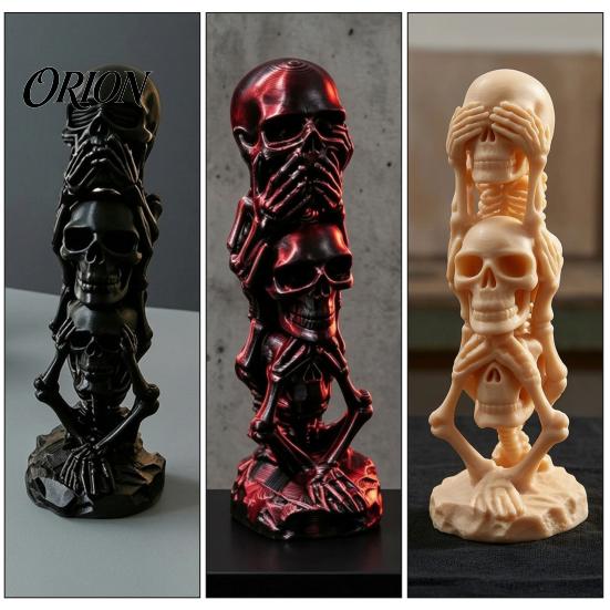 Small Desk Ornament for Men Triple Stacked Skulls Figurine, Spooky See Hear Speak No Evil Skeleton Head Retro Home Office Accessories Statue,