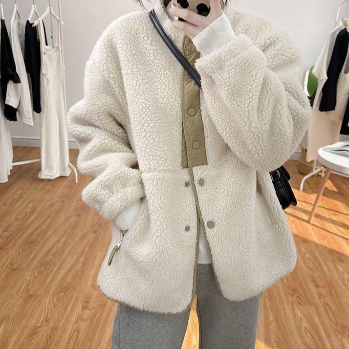 

Women s 2025 Retro Color Block Stand Collar Lambswool Coat - Winter Plush Design L [For 106-120 lbs]
