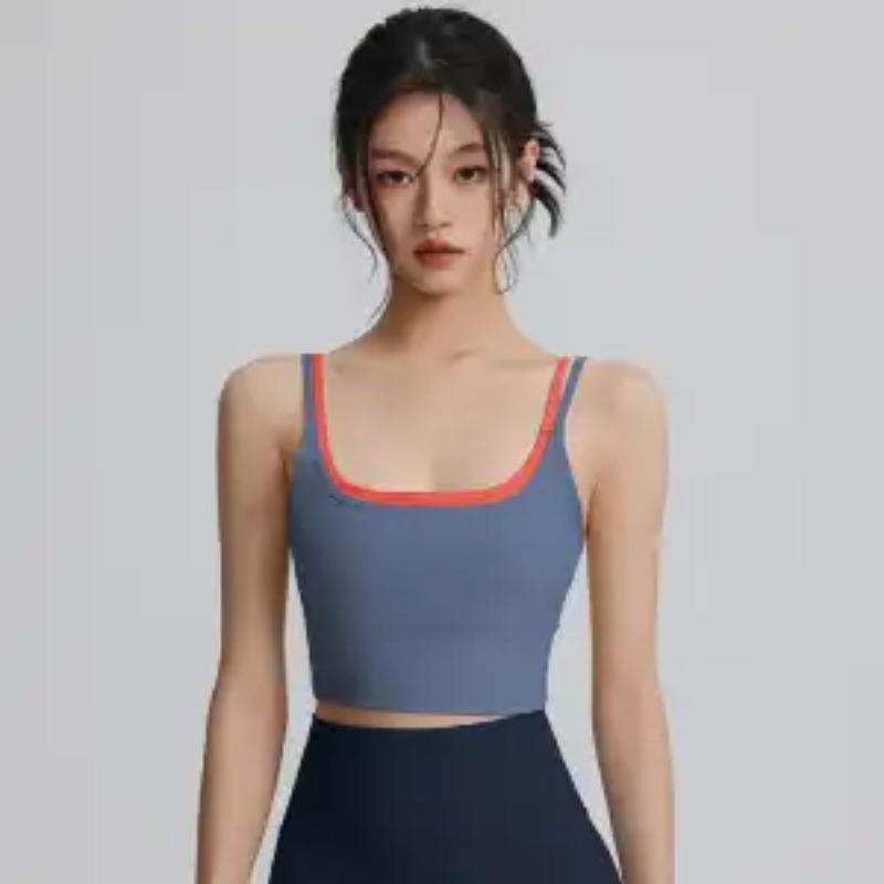 Women's Contrast Trim Double Layer Sports Bra Padded Yoga Crop Top with Adjustable Straps