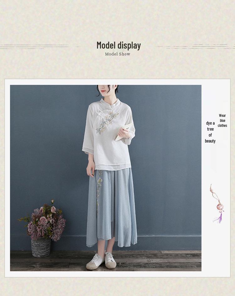 Chinese Ethnic Style Embroidered Cotton-Linen Frog Button Top for Women, Summer 2024, Stand Collar with Three-Quarter Sleeves.