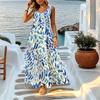 Minimalist Blue White Watercolor Print Sleeveless Dress Flowy Hem,Soft Versatile for Beach Vacation,Spring-Fall Layering
