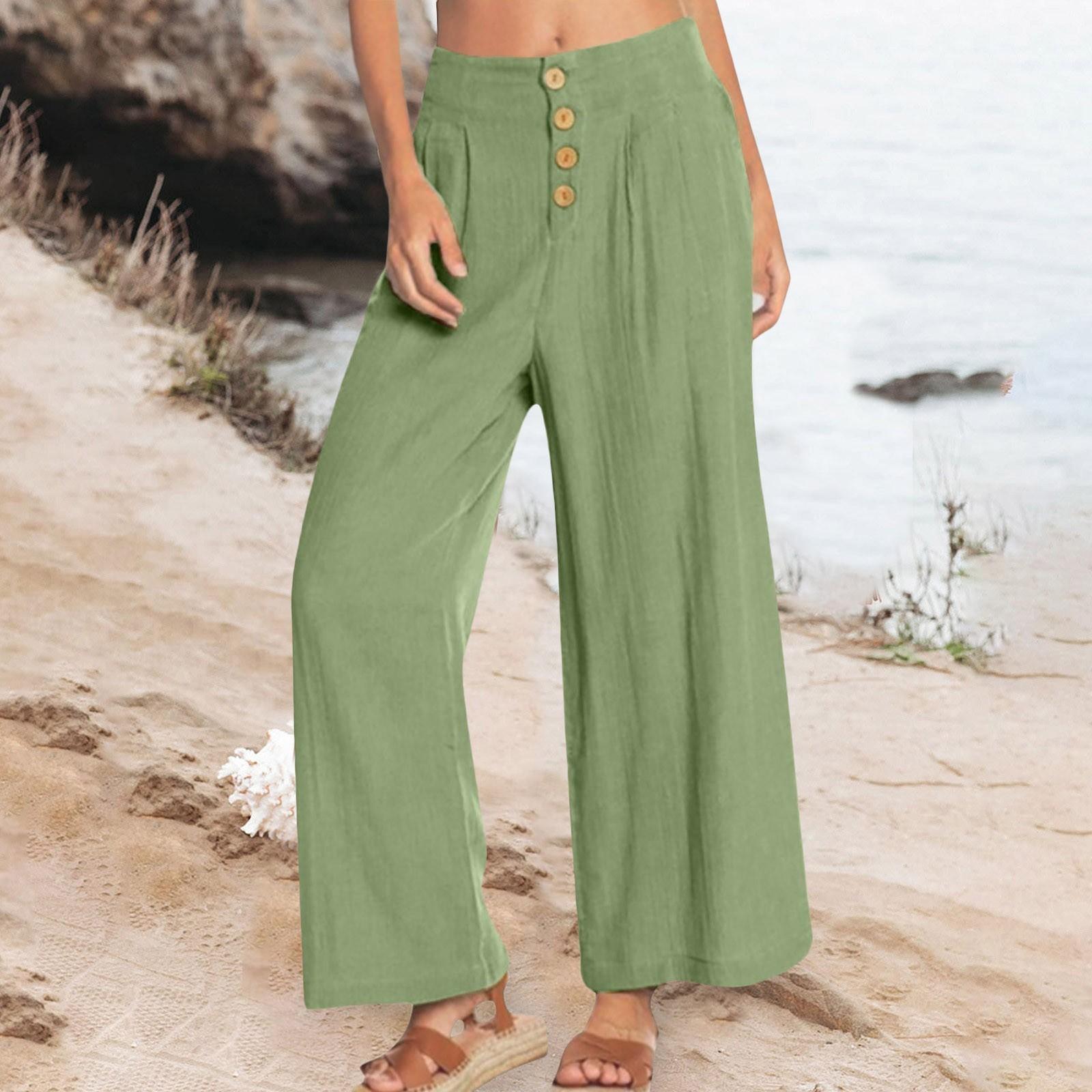 

Женские модные повседневные однотонные хлопковые льняные брюки с высокой талией и карманами на пуговицах, широкие брюки XXXL зелёный