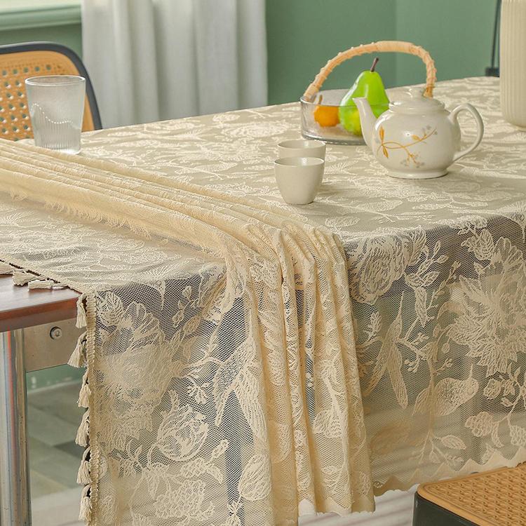 1pc Tassel Lace Tablecloth Suitable for Home Table Decoration, Dining Tablecloth, Coffee Tablecloth, Fabric, Rectangular