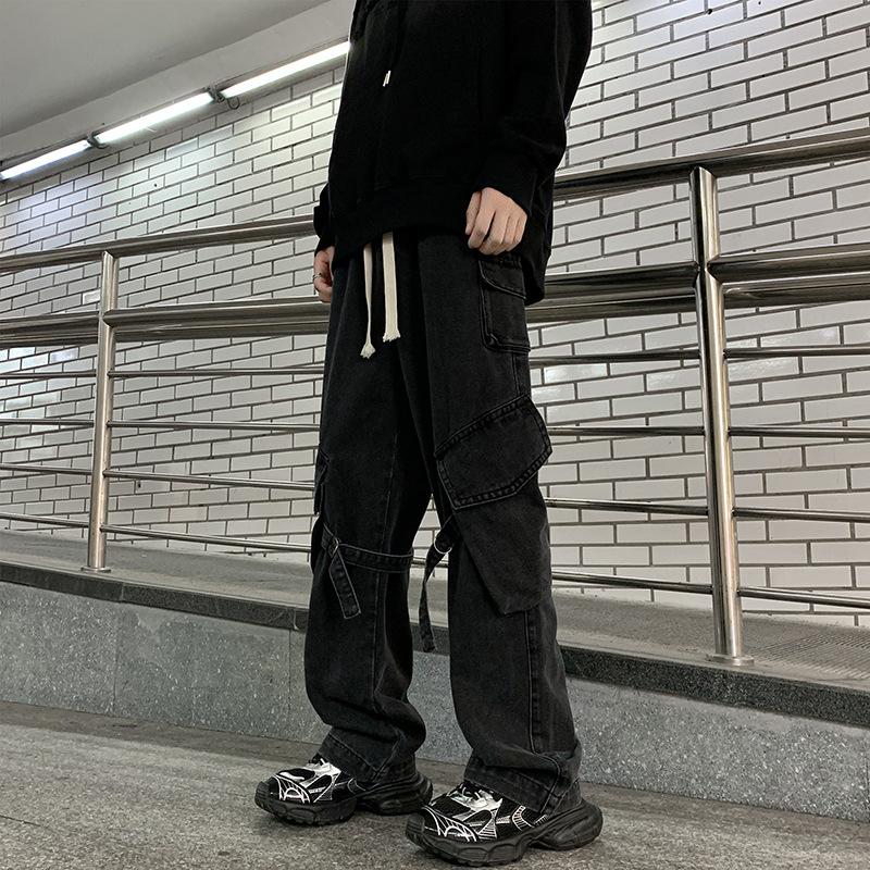 

Осенние и зимние комбинезоны, джинсы для мужчин и женщин, американские ретро-хай-стрит, микро-ла, стираные, широкие прямые брюки XS чёрный