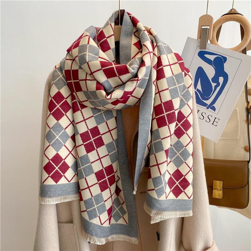 New scarf, sweet plaid women's shawl, warm in winter, imitation cashmere scarf with decoration