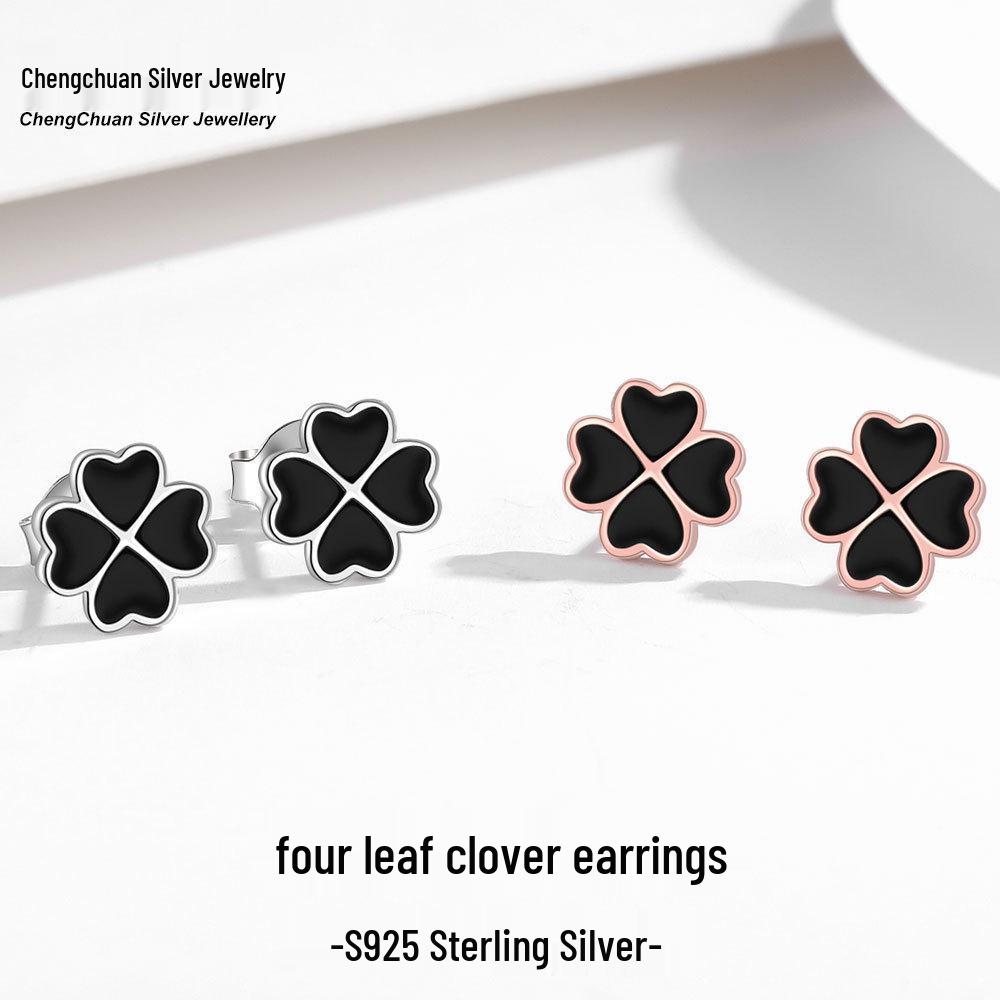

925 Sterling Silver Black Enamel Four-Leaf Clover Dangle Earrings 925 Silver