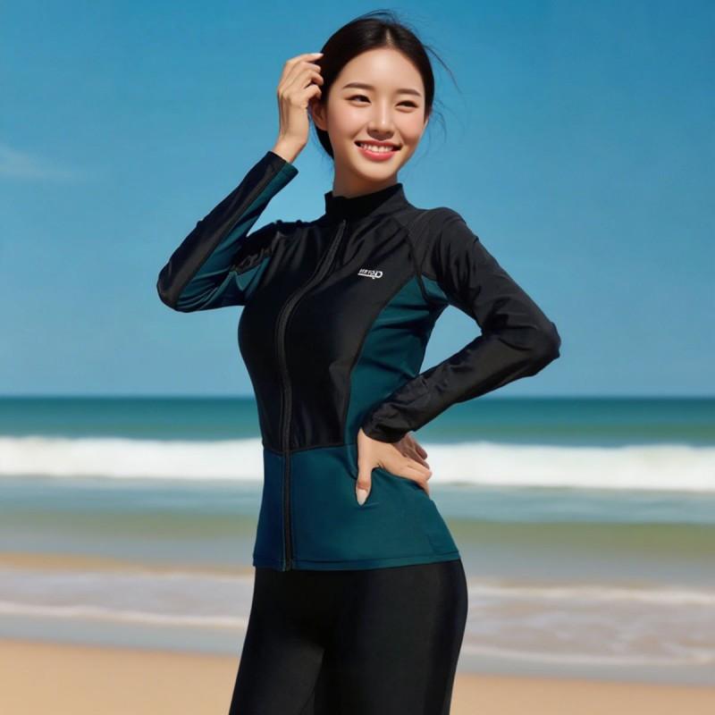 Plus Size UV Protection Rash Guard Set Women Men Long Sleeve Zipper Top Pants Surfing Snorkeling Swimwear