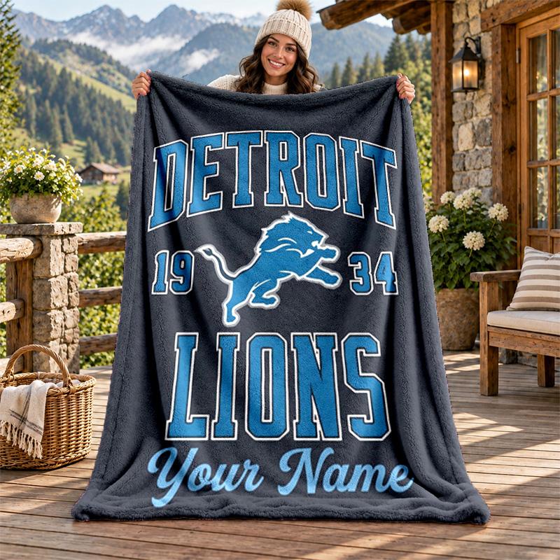 Detroit Lions Custom Name Flannel Blanket Personalized Soft Warm Plush Throw Blanket Customized Gift for Family Friends