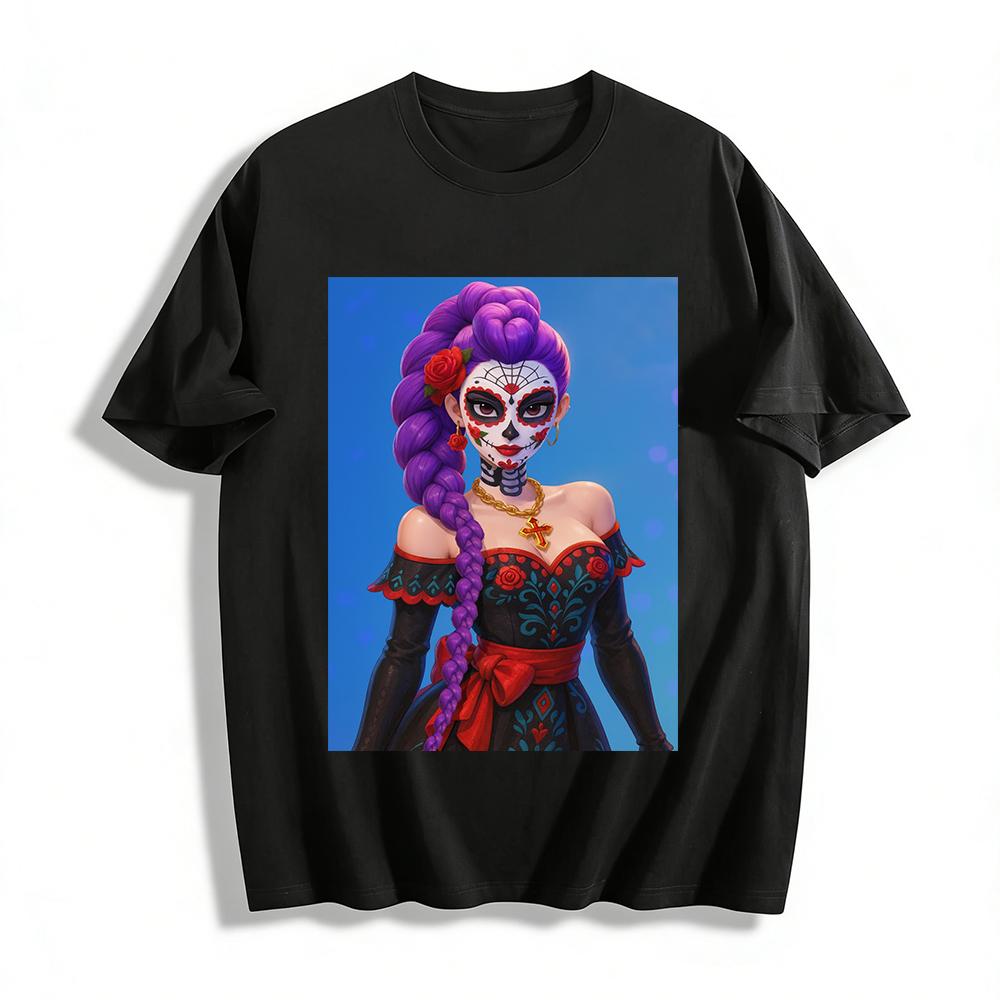 

Day of the Dead Purple Hair Sugar Skull Print Off Shoulder Top Mexican Festival Retro Blouse Pure cotton T-shirt 6XL