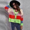Cross-Border Fashion Fall and Winter New Product V-neck Color-Block Rainbow Cardigan Sweater Loose Short Coat Stripes Long Sleeves Knitwear