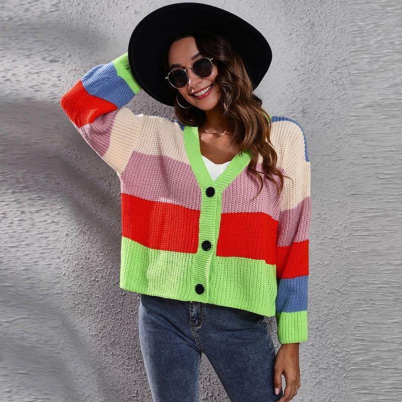 Cross-Border Fashion Fall and Winter New Product V-neck Color-Block Rainbow Cardigan Sweater Loose Short Coat Stripes Long Sleeves Knitwear