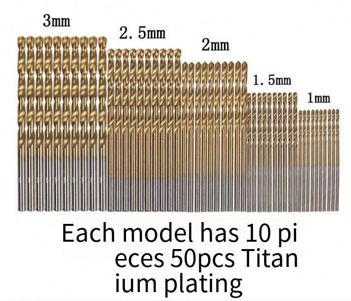 50 PCS Titanium Coated High Speed Steel Drill Bit Set Hex Shaft Straight Spiral Twist Bits for Metal Wood Plastic Drilling