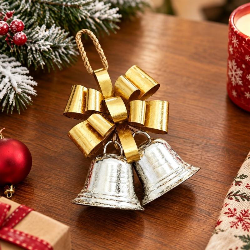 Three-Dimensional Metal Christmas Bowknot Decoration with 2 Iron Bells and Top Hanging Loop for Storefronts and Hotel Lobbies