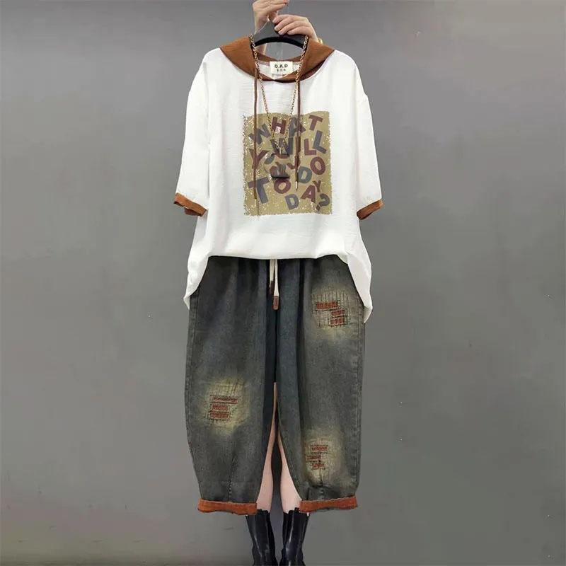 

Джинсовый комплект Женские джинсы Комплект из двух предметов Свободный Большой размер Повседневный костюм Женская мода Джинсовые комплекты с капюшоном и принтом XXXXL белый