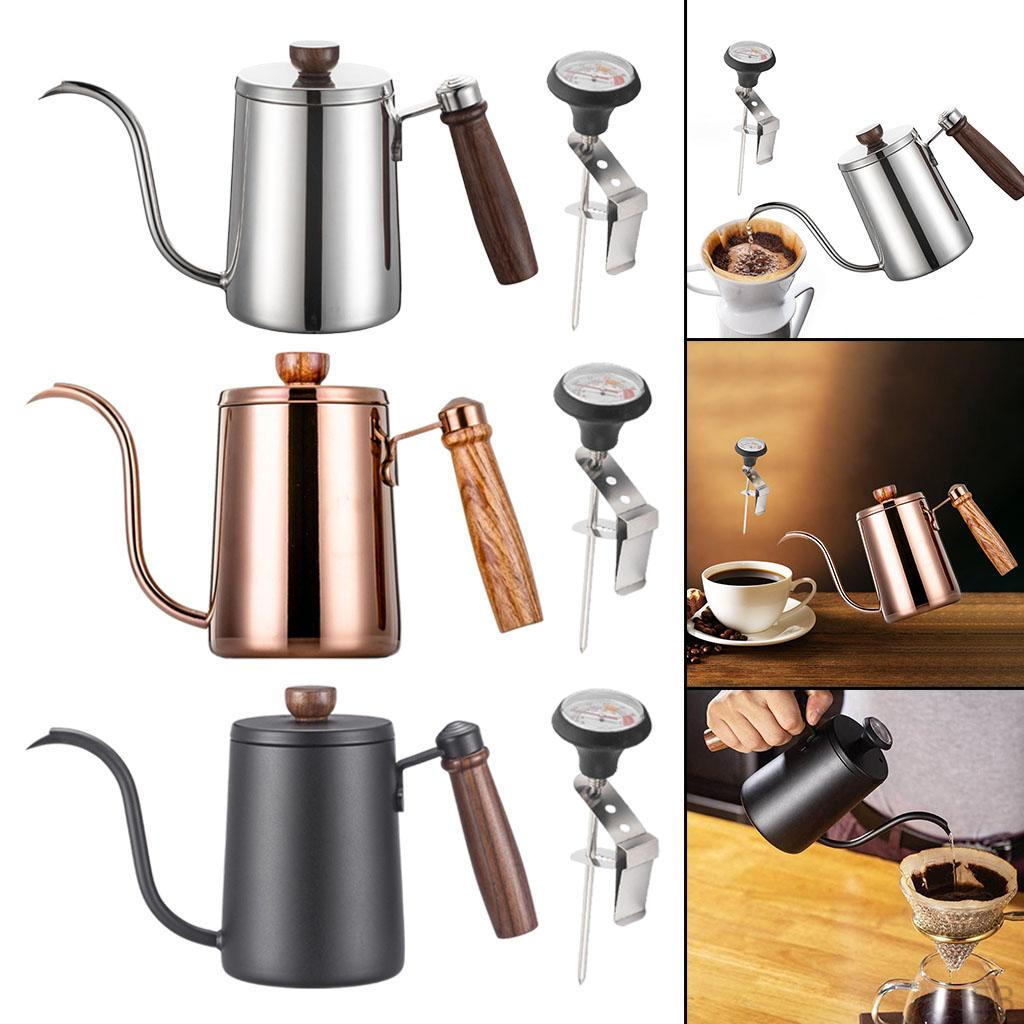 Coffee Pot with 600ml Stainless Steel Kettle Wooden Handle for Cafe Shop
