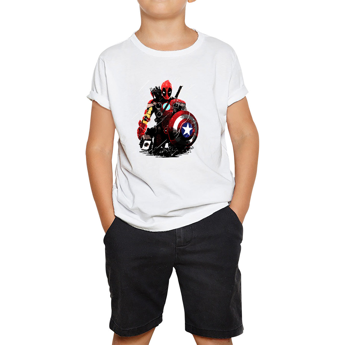 

Deadpool With All Marvel Superhero Weapons Captain America, Spired-man, Iron Man, Deadpool, Thor, And Hawkeye Kids T Shirt 120