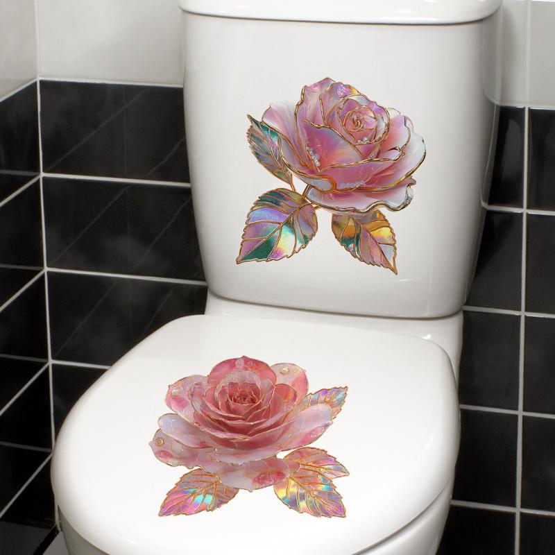 2Pcs Creative Rose Flower Waterproof Toilet Sticker Bathroom Wall Background Decal Home Decoration Self-adhesive Posters