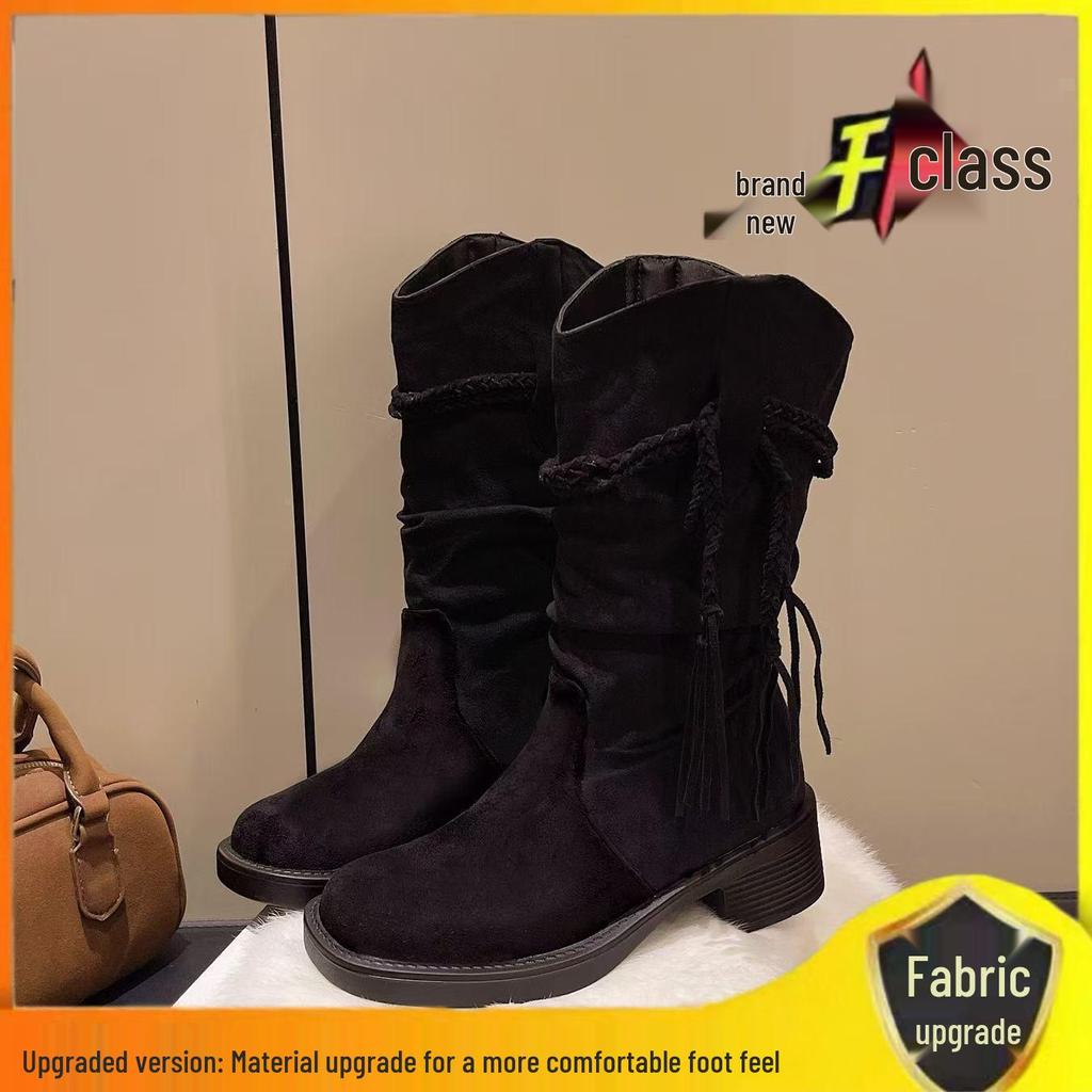 Women's Retro Post-Apocalyptic Western Tassel Boots – 2025 Autumn/Winter Long Slouchy Mid-Calf Style