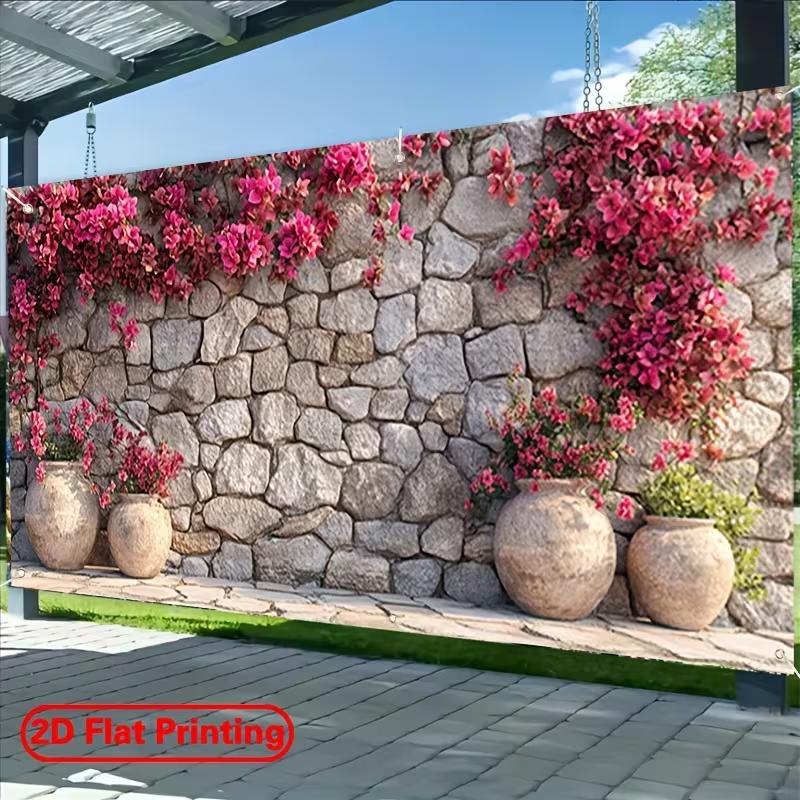 2D Blooming Bougainvillea Stone Wall Backdrop, 2D Flat Printing Background Cloth for Outdoor Events & Parties