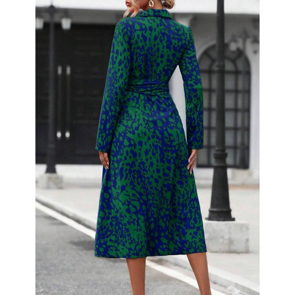 Women's Polo Collar Long Sleeve Midi Dress Slim Fit Mid Rise Elegant Printed Shirt Dress