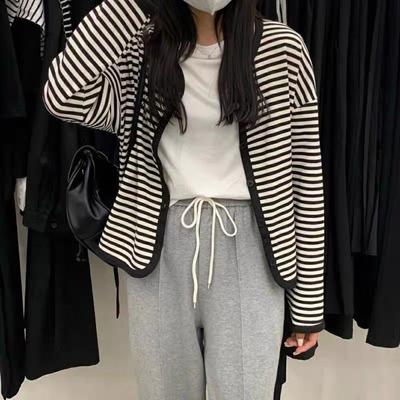 Retro Lazy Style Black and White Striped Knitted Cardigan for Women New Loose Sweater Jacket Top
