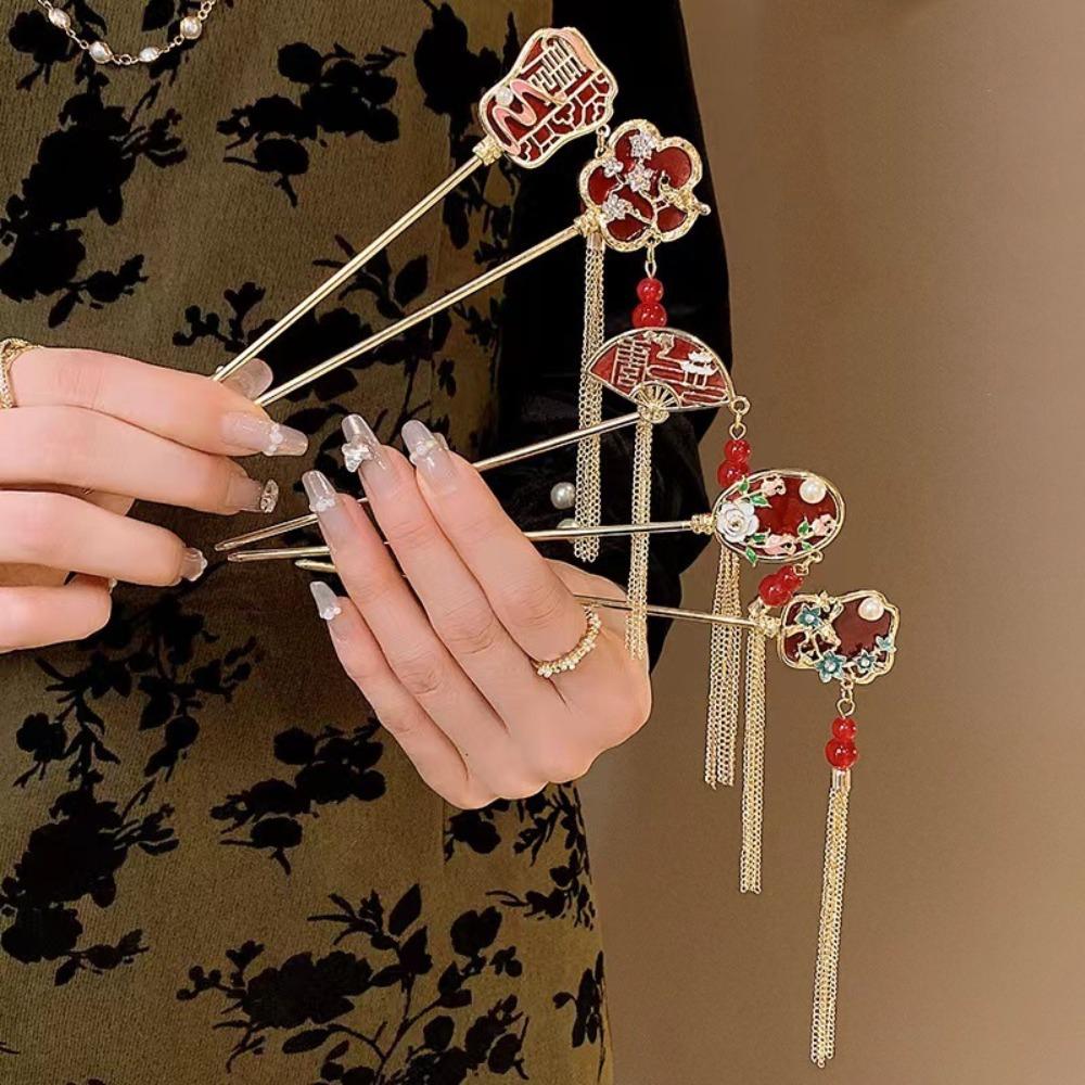Red Tassel Pearl Flower Hair Stick Elegant Fan Shape Chinese Versatile  Style Pearl Hair Stick Hair Fork Hairpin Hanfu Party