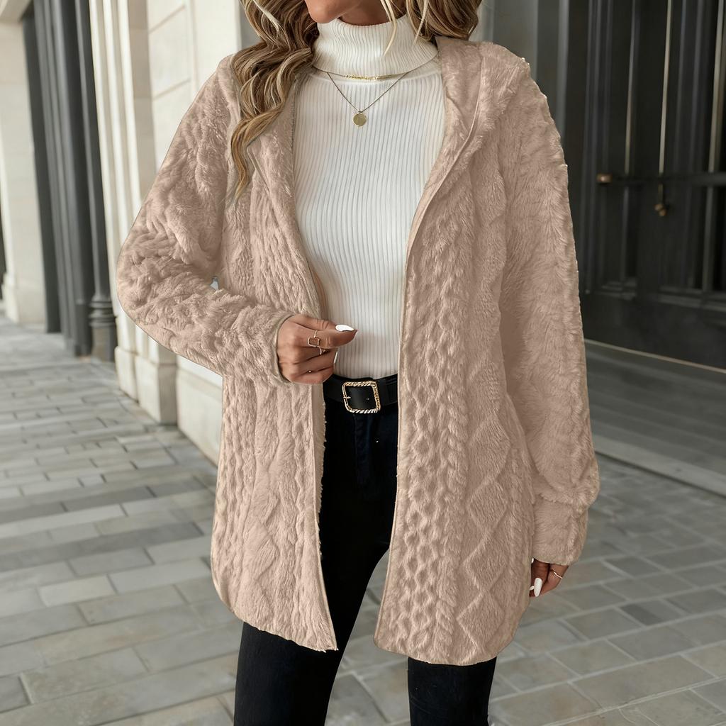 Damen Modischer Einfarbiger Langärmliger Lockerer Kapuzen-Cardigan Plüschjacke