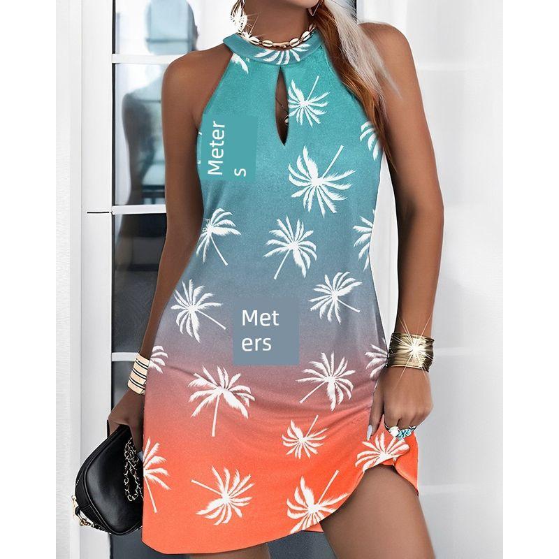 

Sleeveless Hanging Neck Printed Dress Sleeveless Halter Print Dress Tricolor Dandelion S