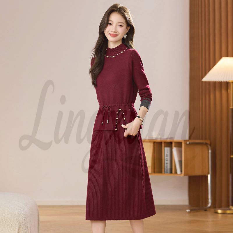 2026 Beaded Knit Sweater Dress - Women's Mid-Length Autumn Winter Solid Color Vest Dress