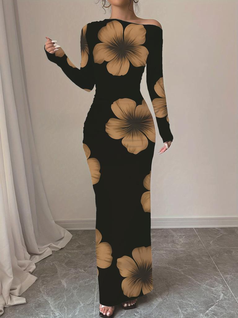 Autumn New Printed Long Dress Elegant Slim Fit Long Sleeve Dress Women Ready