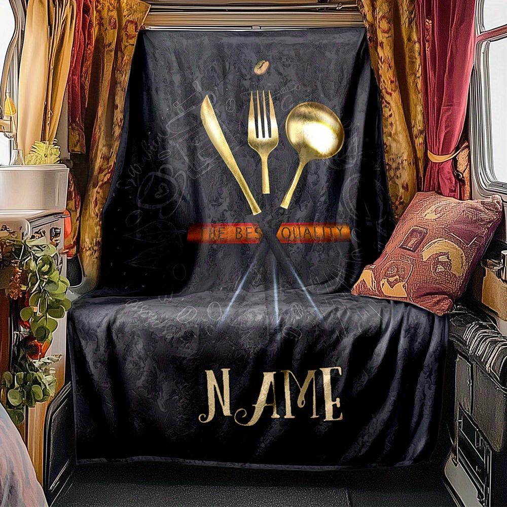 Gold Cutlery Set Blanket Personalized Name Soft Comfortable Stylish Blanket Car Blanket Perfect For Travel Camping Outdoor Home Suitable For All