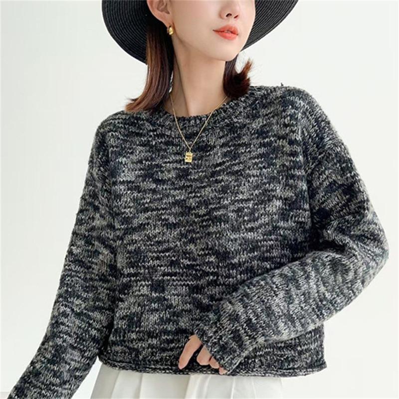 Retro autumn and winter crew neck pullover sweater women's casual variegated top splicing soft waxy short versatile knitted sweater top