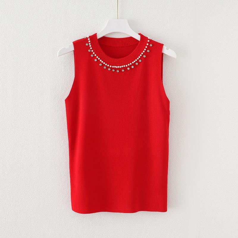 Women Summer New Round Neck Beading Tank Tops Elegant Slim Fit Knitted Casual Base Female Sleeveless Tanks Vest Simple Sweet Fashion Lady Camis 3115