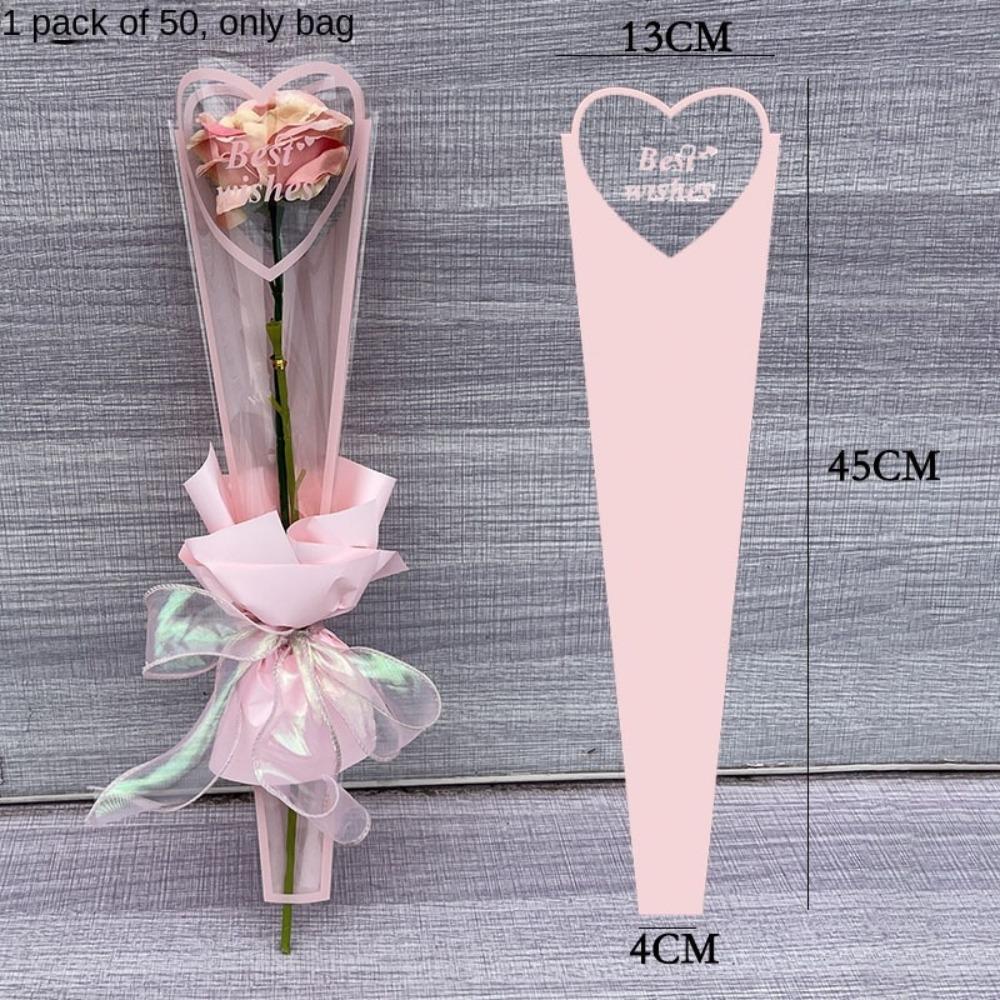 50pcs Single Flower Flower Packaging Bag Heart Shape Rose Packing Sleeve Bag  Valentine's Day