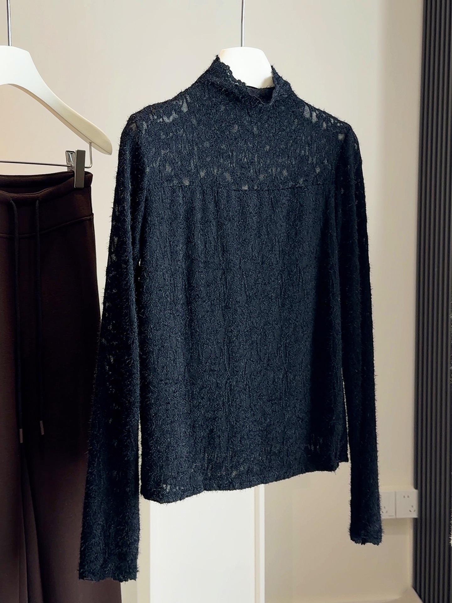 Women s European Stand Collar Velvet Lace Long Sleeve Top - Elegant Slim Fit for Winter 2025 One Size чёрный
