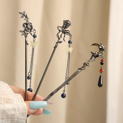 Neo Chinese Style Hairpin Light Luxury Metal Rose Moon Butterfly Element Hair Stick For Women Hanfu Horse-face Skirt Hairpin