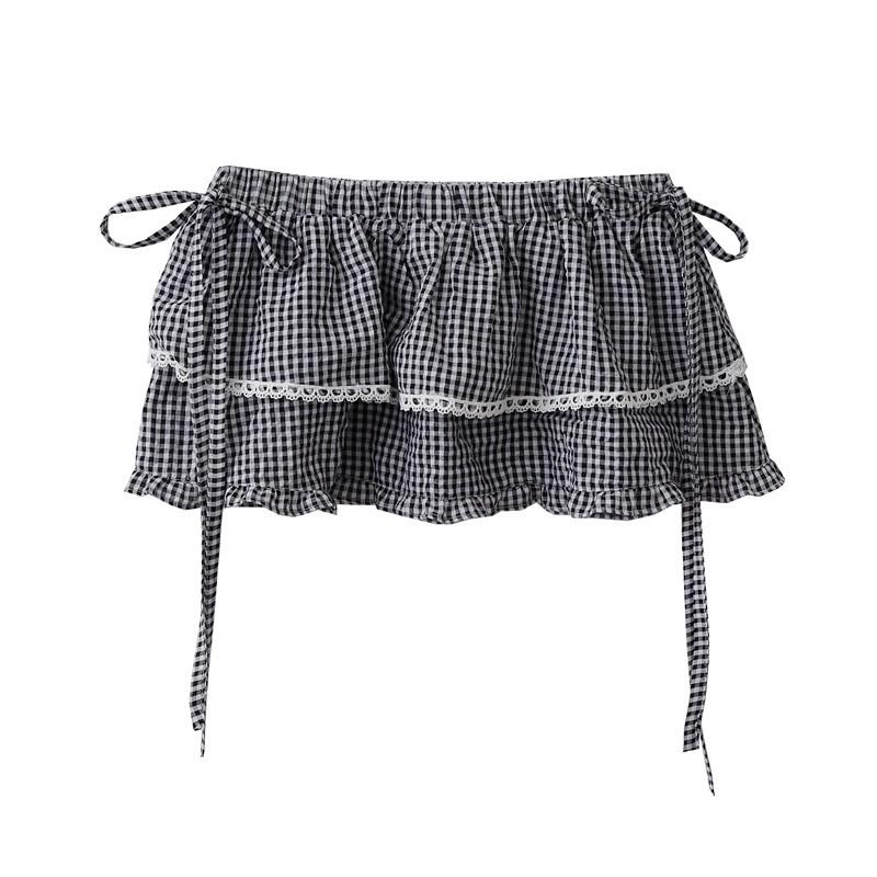 

Niche Black & White Gingham Lace Trim Patchwork Layered Tie-up Skirt One Size