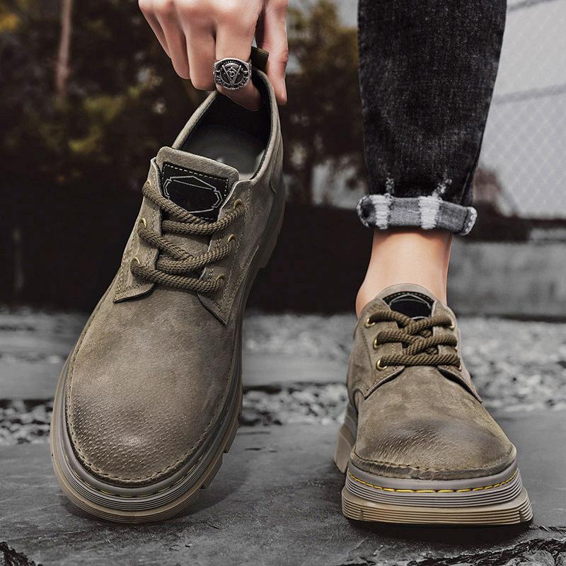 [Thick sole heightening] Tooling shoes men's spring low-top rhubarb boots lightweight casual leather Martin boots men's