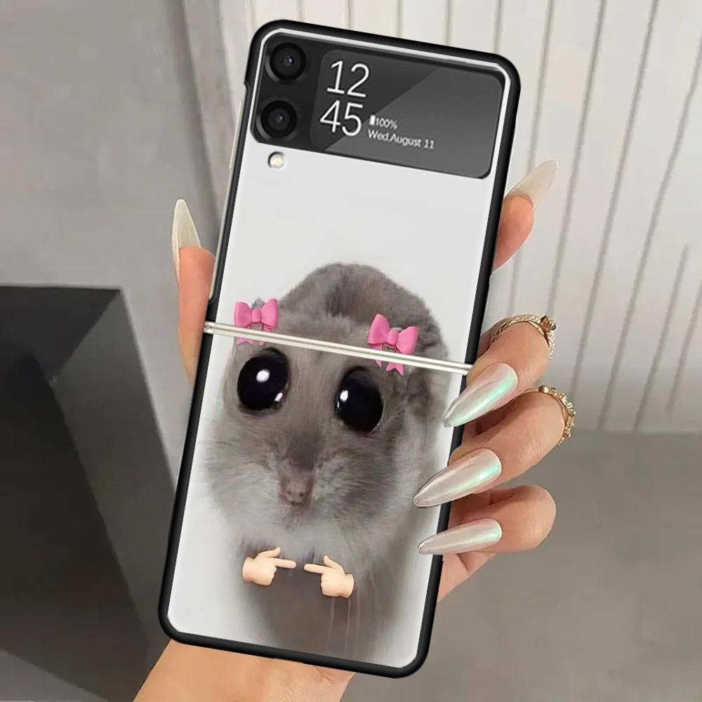 Funny Sad Hamster Meme Hard PC Phone Case For Samsung Galaxy Z Flip 7 6 5 4 3 Black ZFlip7 ZFlip6 Flip5 Flip4 Flip3 5G Print Cov