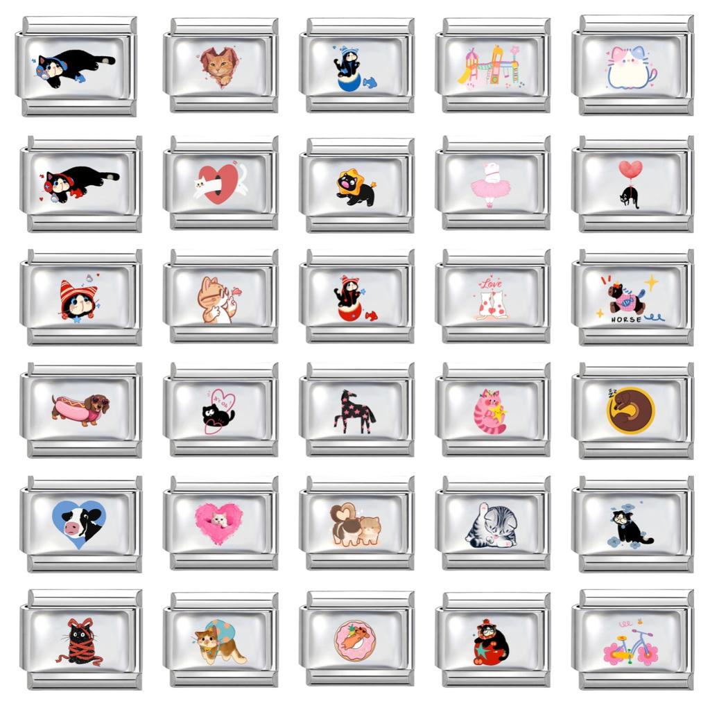 Creative Cartoon Cats Dog Love Heart Italian Charm Bracelet DIY Beads Jewelry Fit 9mm Stainless Steel Link Women's Men's Gift