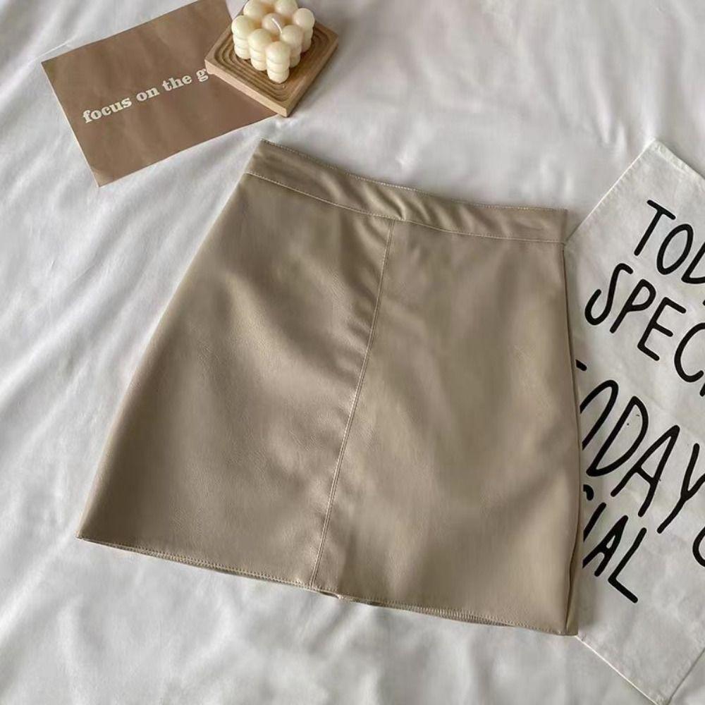 Solid Color PU Leather Skirt with Safety Pants High Waist A-line Skirt Short Mini Skirts  Girls