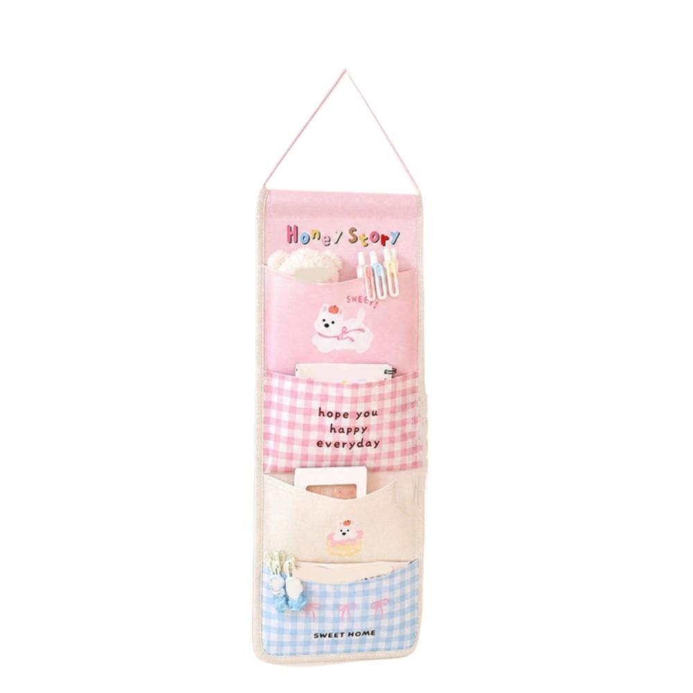 4/7 Pockets Wall Hanging Storage Bag Cotton Linen Space Saving Cartoon Hanging Bag Decorative Large Capacity