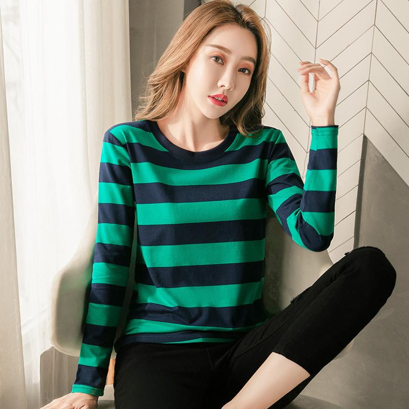 

Весна Осень Топ с длинным рукавом Женская одежда Полосатая футболка Удобный базовый слой Универсальная женская одежда 2XL зелёный
