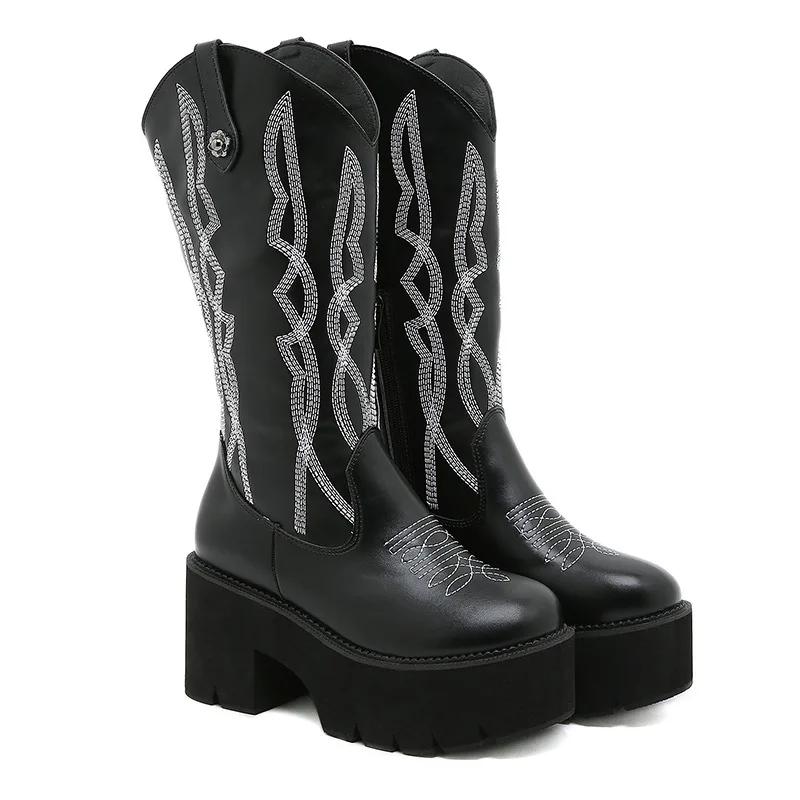 Fashion New Embroidered Sleeve Round Toe Western Boots One Foot Cavalier Boots Thick Bottom Waterproof Platform Knee Women's Boots